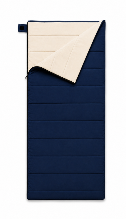 Junior organic cotton sleeping bag for kids in navy blue with undyed cotton lining, top corner folded back