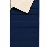 Adult organic cotton sleeping bag in navy blue with undyed cotton lining, top corner folded back
