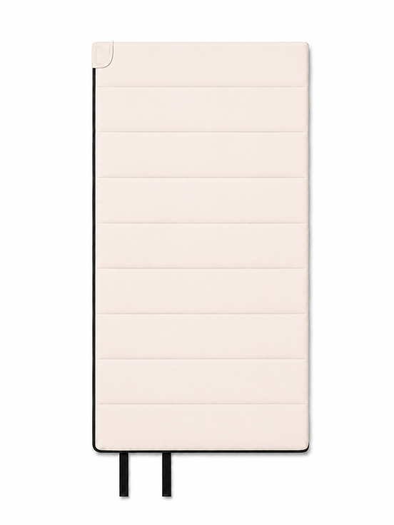 Front of the adult undyed organic cotton sleeping bag with two black tie straps