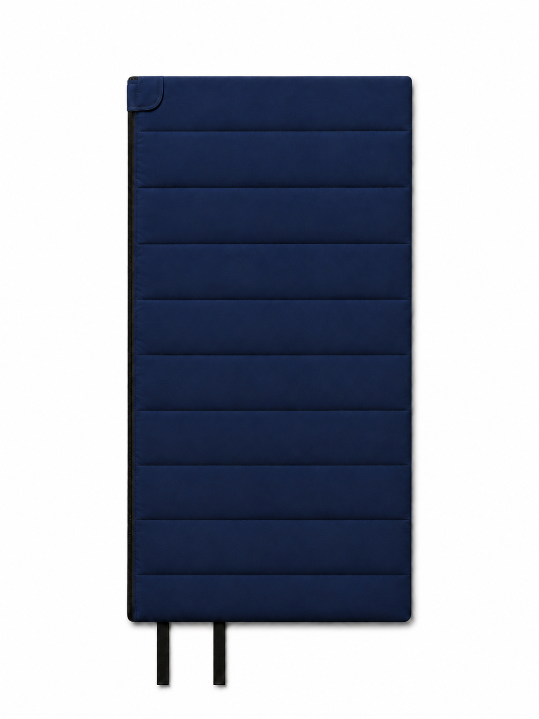 Front of the adult navy blue organic cotton sleeping bag with two black tie straps