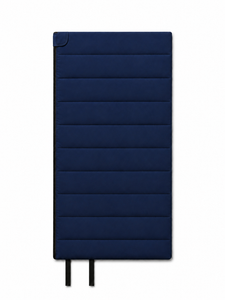 Front of the adult navy blue organic cotton sleeping bag with two black tie straps
