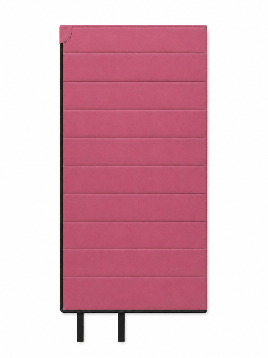 Front of the junior pink organic cotton sleeping bag with two black tie straps