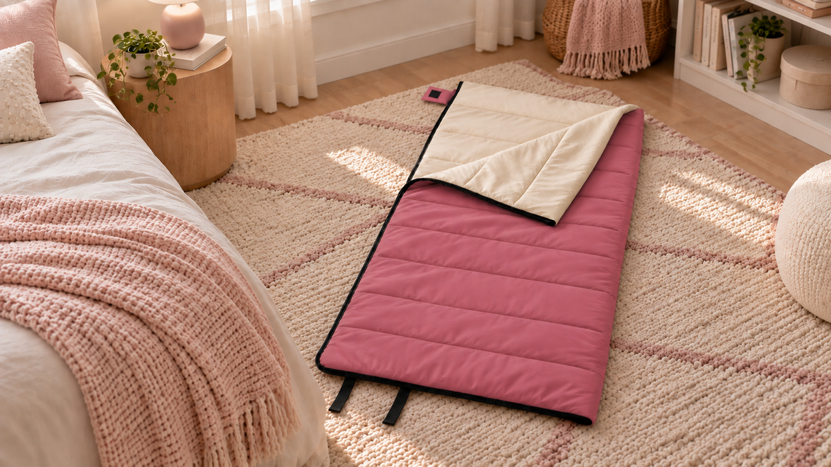 Pink junior organic cotton sleeping bag laid out on a rug beside a bed in a child's bedroom