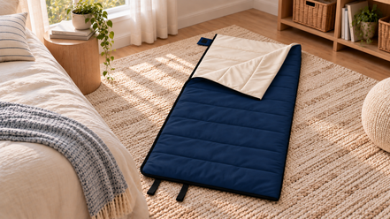 Navy blue junior organic cotton sleeping bag laid out on a rug beside a bed in a child's bedroom