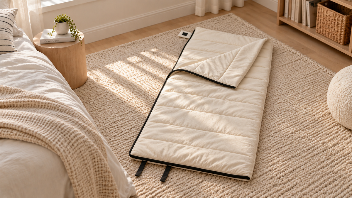 Undyed junior organic cotton sleeping bag laid out on a rug beside a bed in a child's bedroom