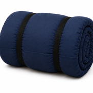 Navy blue junior organic cotton sleeping bag rolled up with two black straps