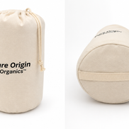 Pure Origin Organics natural cotton canvas drawstring storage bag, front and bottom views