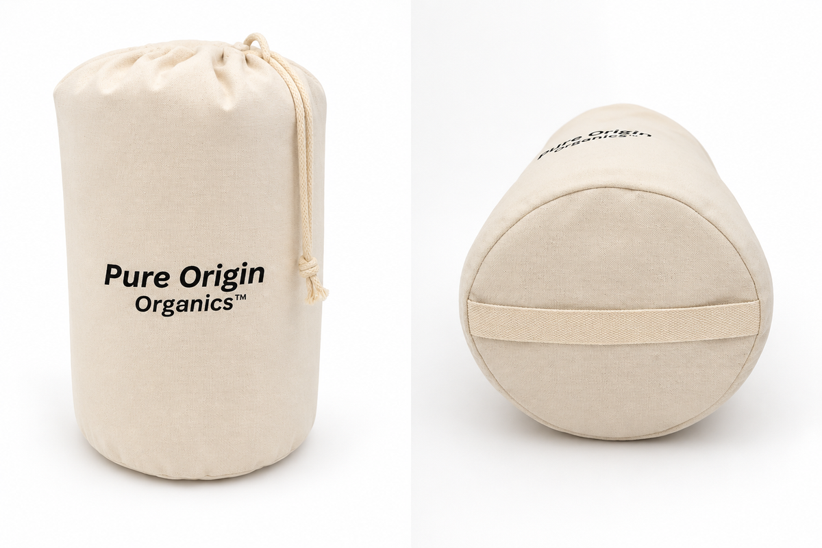 Pure Origin Organics natural cotton canvas drawstring storage bag, front and bottom views